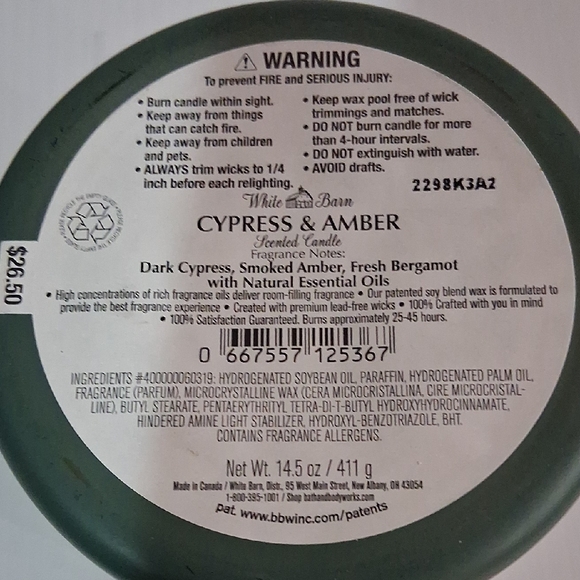 White Barn Cypress & Amber Candle - Green and Cream - Picture 3 of 3